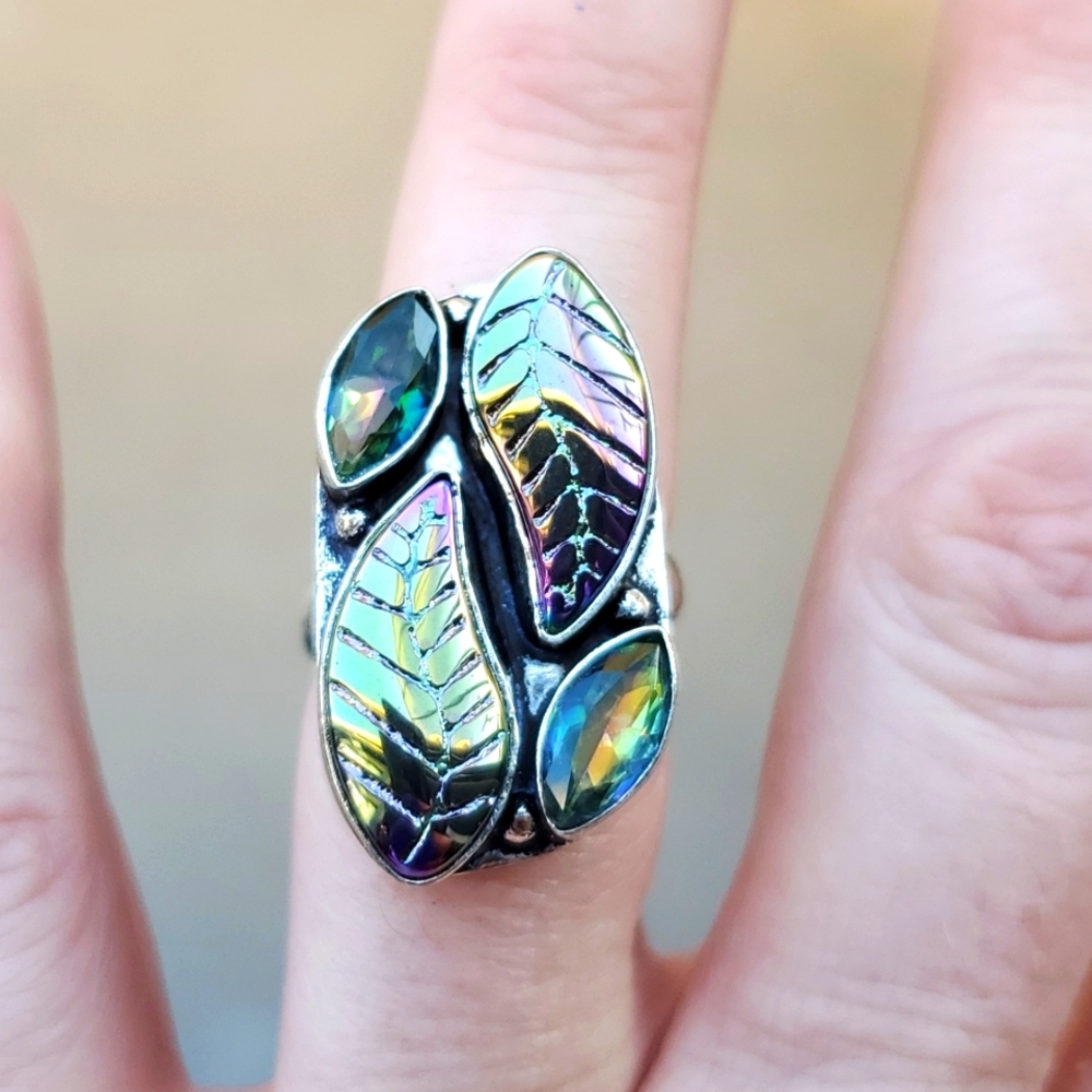 New Carved Rainbow Hematite & Mystic Topaz 925 Silver Ring.